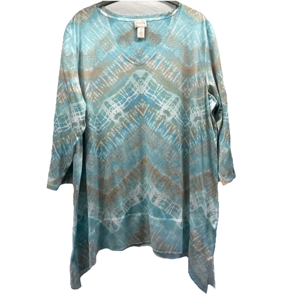 Chicos Women's Tunic Top Sz XL Gauzy Blue Brown Asymmetrical Hem‎ Raw Neckline